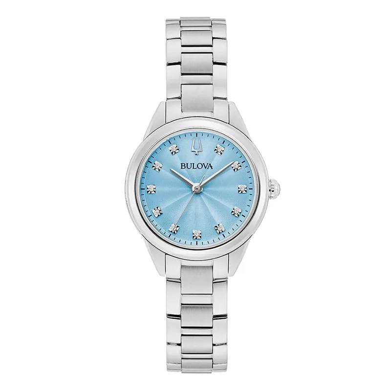Reloj Bulova analogo, para Dama, tablero redondo color azul, estilo puntos, pulso acero color plateado