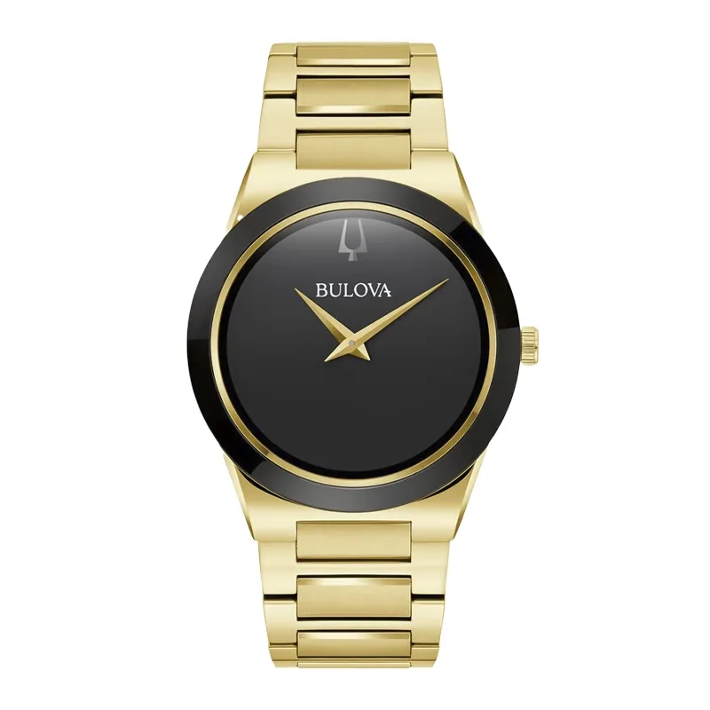 Reloj Bulova análogo, para Hombre, tablero redondo colores negro y dorado, estilo sin números, pulso acero color dorado