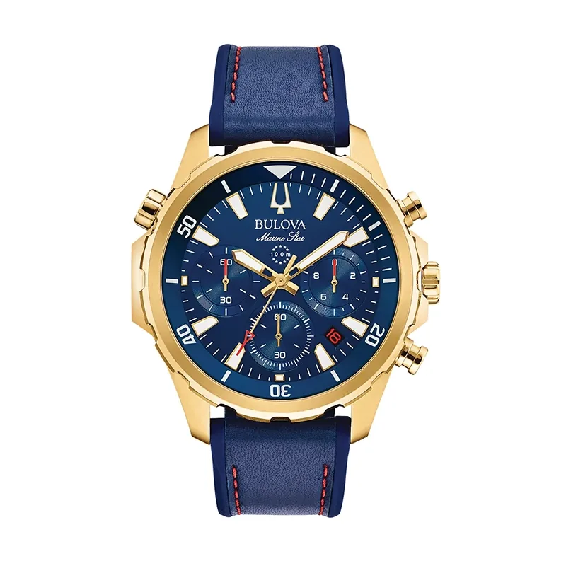 Reloj Bulova análogo, para Hombre, tablero redondo colores azul y dorado, estilo index, pulso silicona color azul, calendario, cronografo