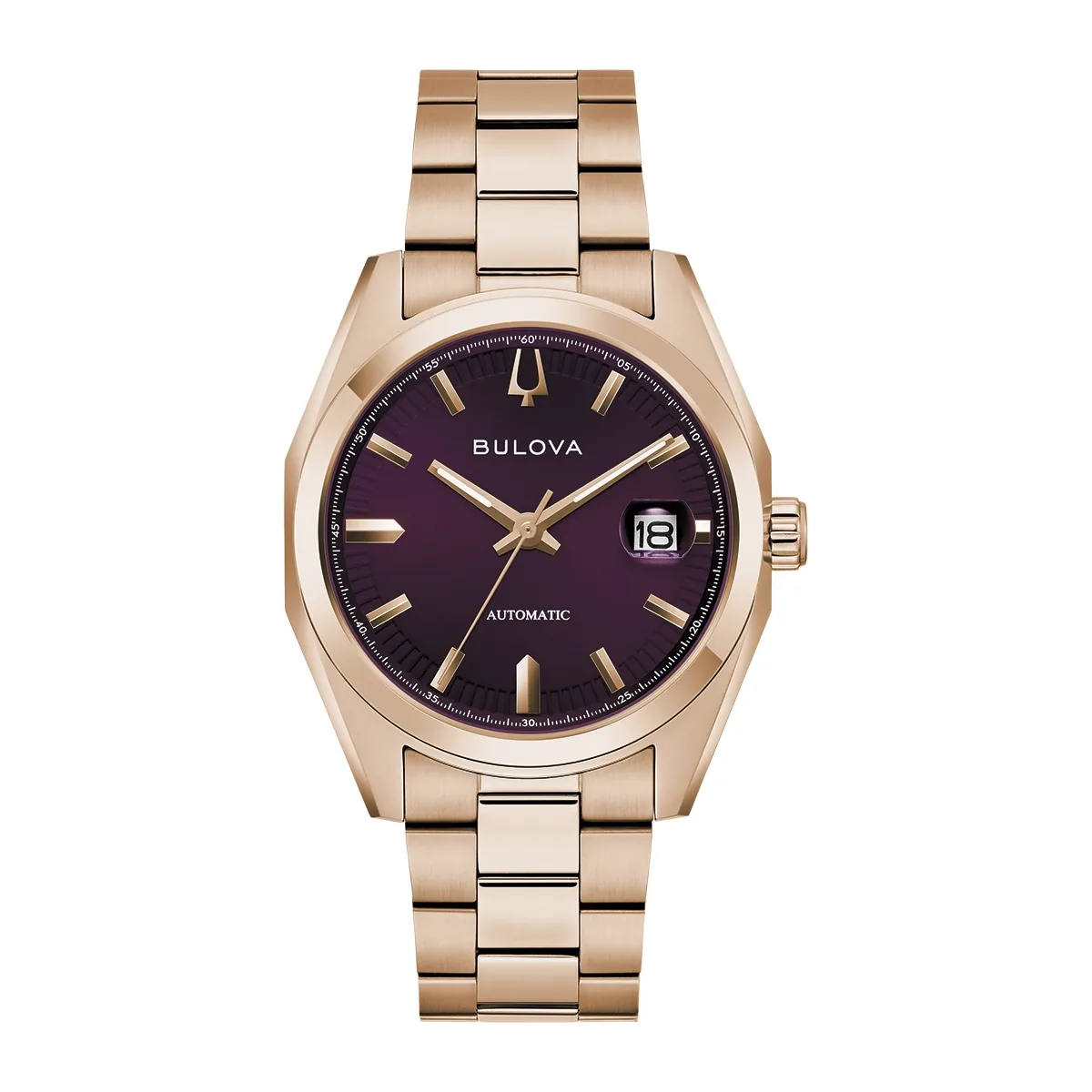 Reloj Bulova análogo, para Hombre, tablero redondo color morado, estilo index, pulso acero color rosa, calendario