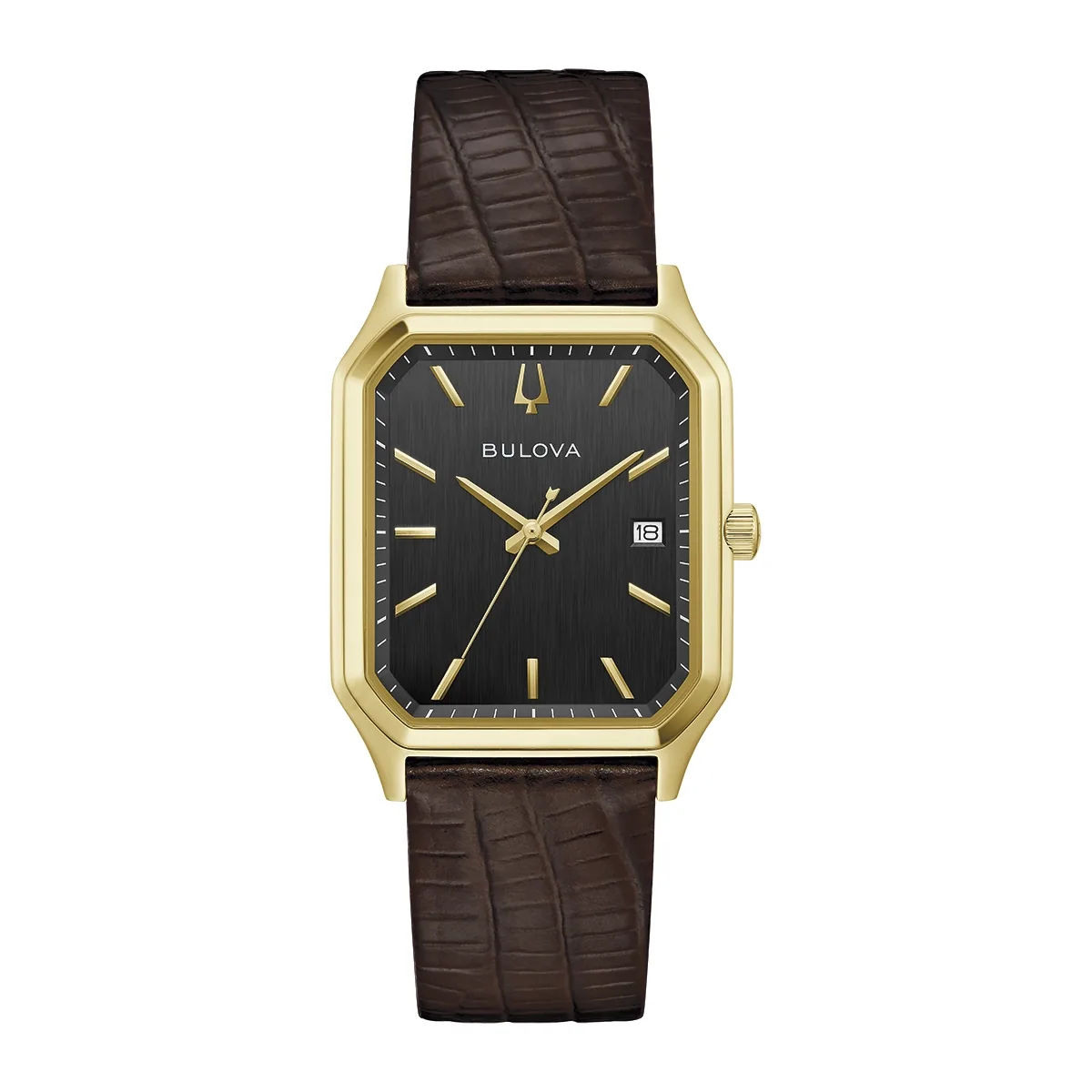 Reloj Bulova análogo, para Hombre, tablero rectangular color negro, estilo index, pulso cuero color café, calendario
