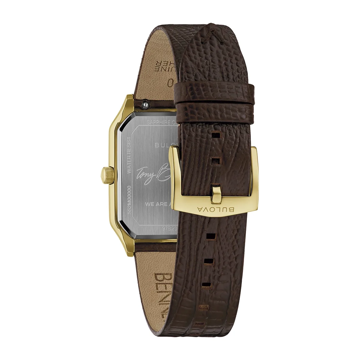 Reloj Bulova análogo, para Hombre, tablero rectangular color negro, estilo index, pulso cuero color café, calendario