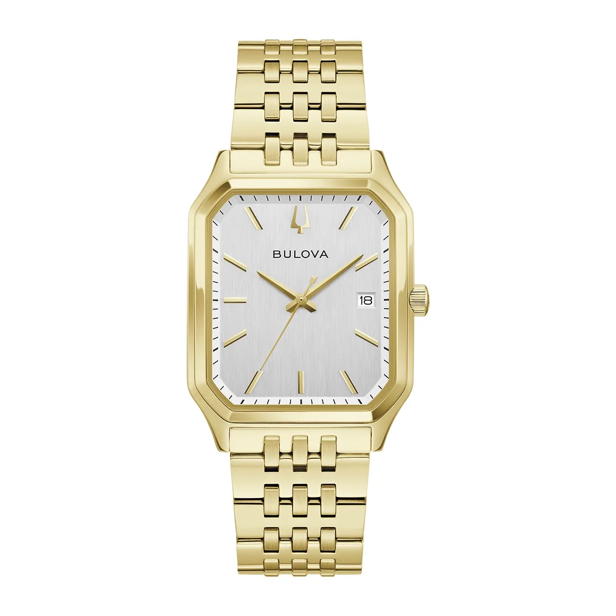 Reloj Bulova análogo, para Hombre, tablero rectangular color plateado, estilo index, pulso acero color dorado, calendario