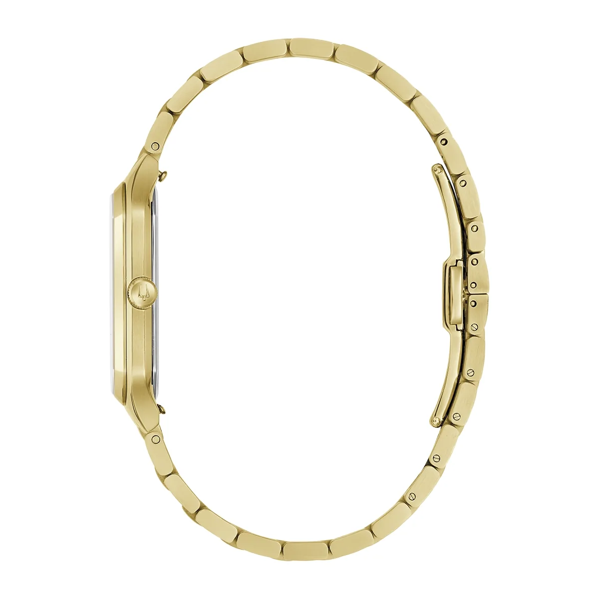 Reloj Bulova análogo, para Hombre, tablero rectangular color plateado, estilo index, pulso acero color dorado, calendario