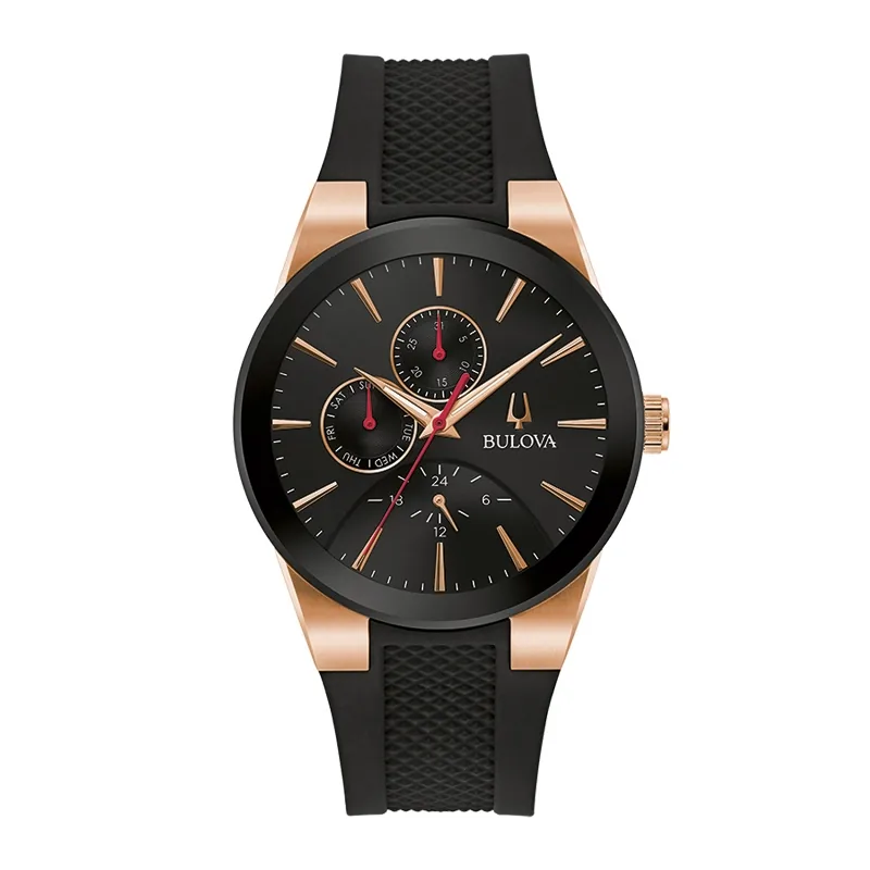 Reloj Bulova analogo, para Hombre, tablero redondo colores negro y rosa, estilo index, pulso silicona colores negro y rojo, calendario