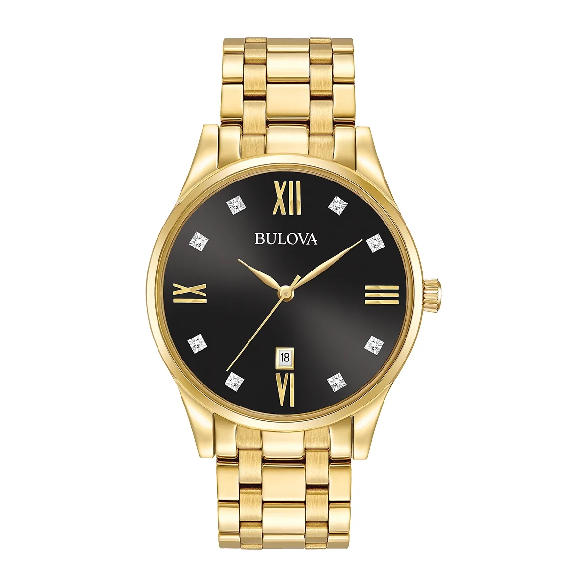 Reloj Bulova análogo, para Hombre, tablero redondo colores negro y dorado, estilo puntos + romano, pulso acero color dorado, calendario