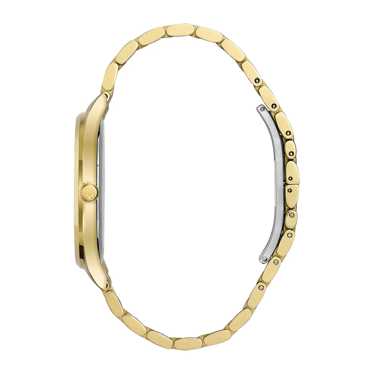 Reloj Bulova análogo, para Hombre, tablero redondo colores negro y dorado, estilo puntos + romano, pulso acero color dorado, calendario