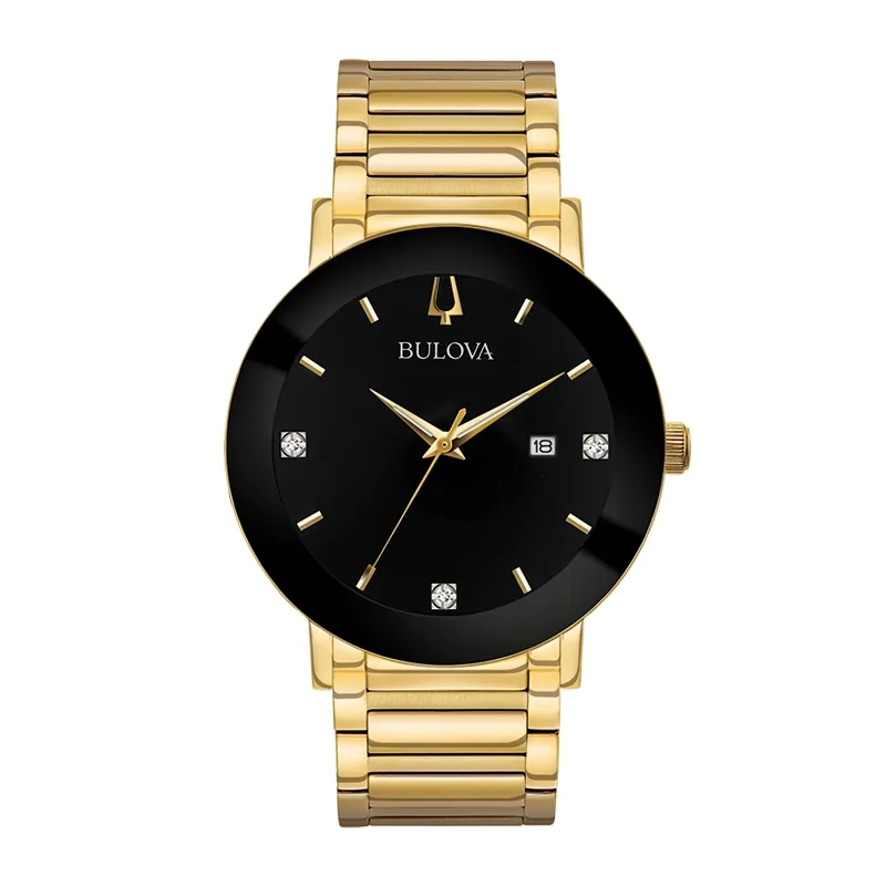 Reloj Bulova análogo, para Hombre, tablero redondo colores negro y dorado, estilo index + puntos, pulso acero color dorado, calendario