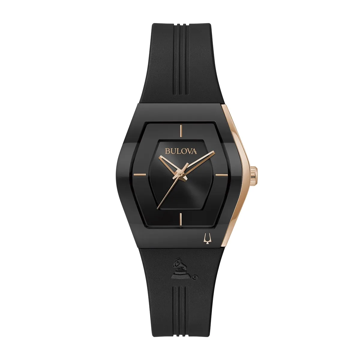 Reloj Bulova analogo, para Dama, tablero rectangular colores negro y rosa, estilo index, pulso silicona color negro