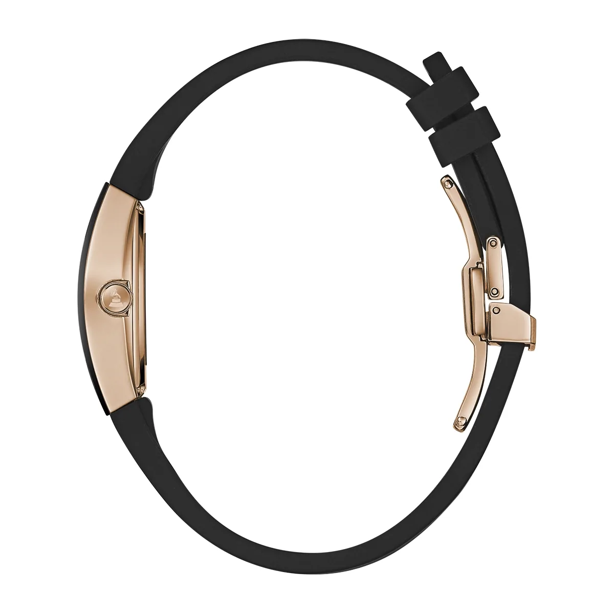 Reloj Bulova analogo, para Dama, tablero rectangular colores negro y rosa, estilo index, pulso silicona color negro