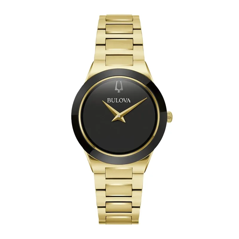 Reloj Bulova analogo, para Dama, tablero redondo colores negro y dorado, estilo sin numeros, pulso acero color dorado