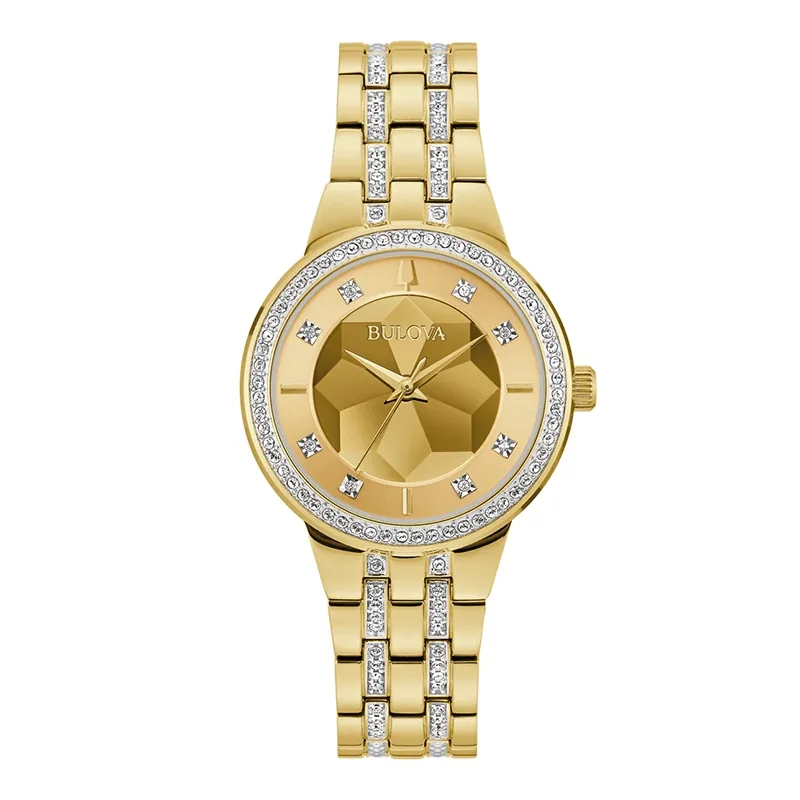 Reloj Bulova análogo, para Dama, tablero redondo color dorado, estilo index + puntos, pulso acero color dorado