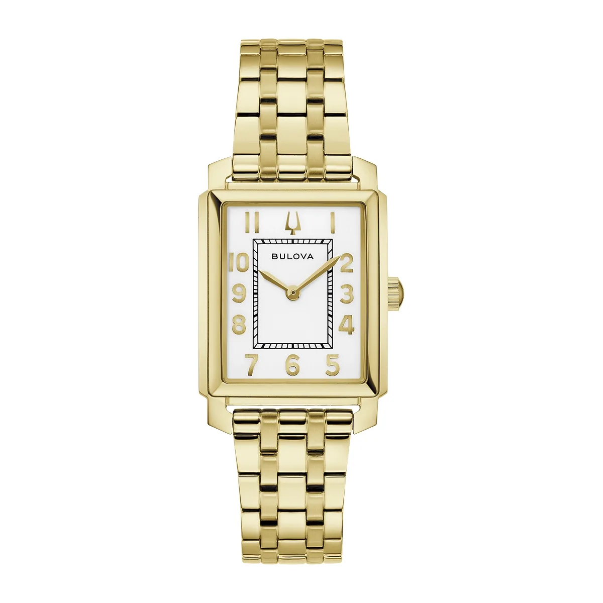 Reloj Bulova análogo, para Dama, tablero rectangular color blanco, estilo arábigos, pulso acero color dorado