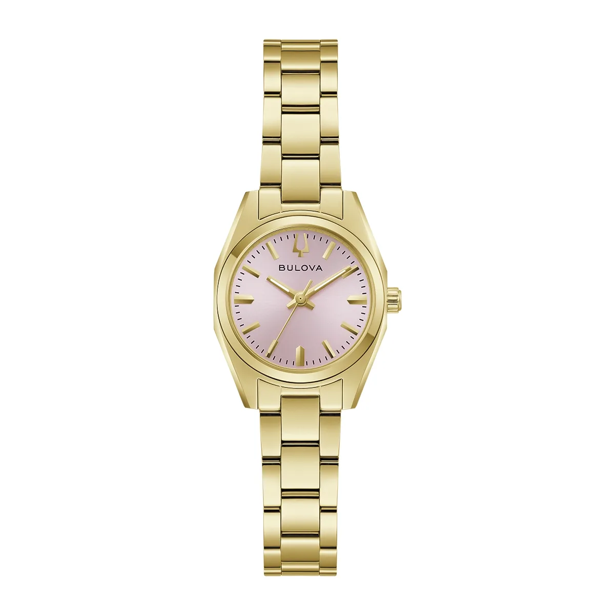 Reloj Bulova análogo, para Dama, tablero redondo color rosado, estilo index, pulso acero color dorado