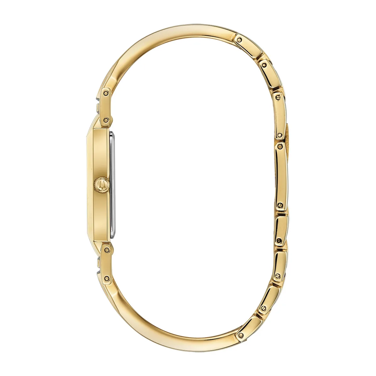 Reloj Bulova analogo, para Dama, tablero rectangular color blanco, estilo puntos, pulso acero color dorado