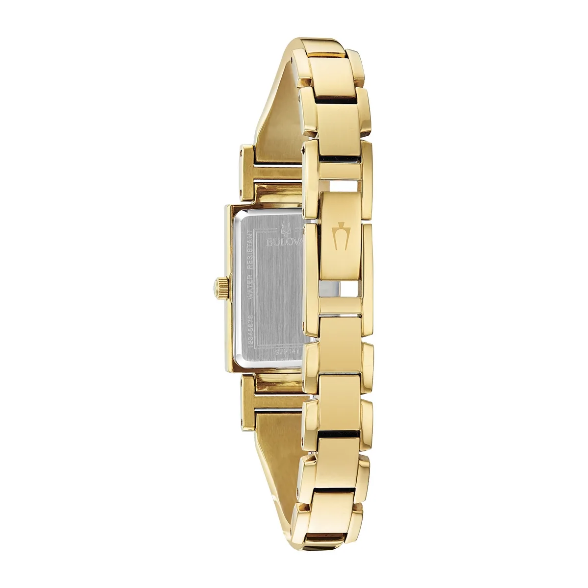 Reloj Bulova analogo, para Dama, tablero rectangular color blanco, estilo puntos, pulso acero color dorado