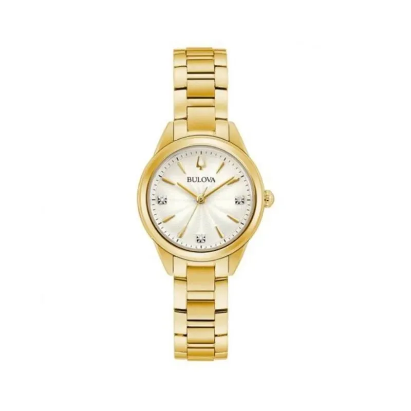 Reloj Bulova analogo, para Dama, tablero redondo colores plateado y dorado, estilo index + puntos, pulso acero color dorado