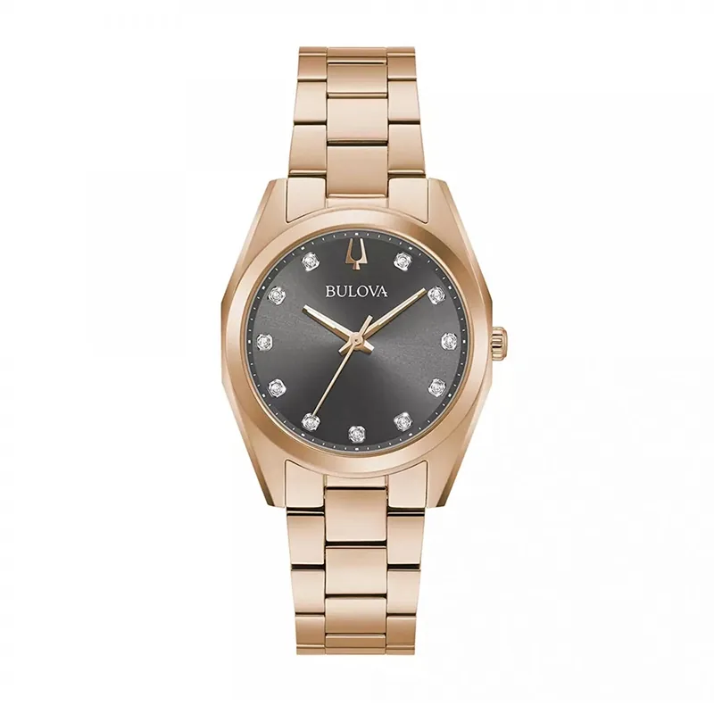 Reloj Bulova analogo, para Dama, tablero redondo color gris, estilo puntos, pulso acero color rosa