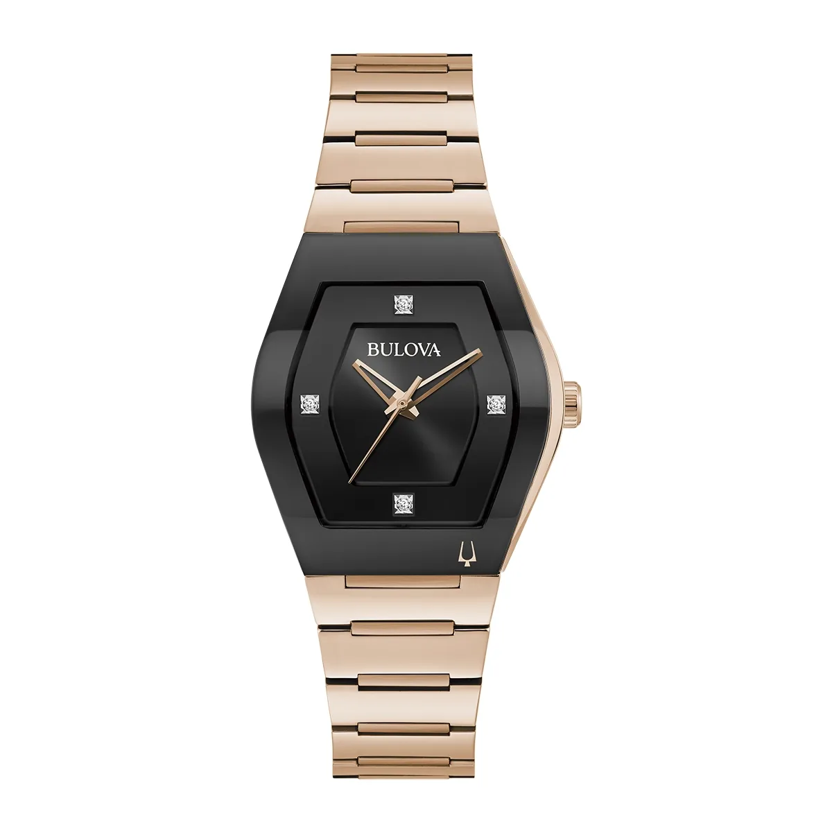 Reloj Bulova análogo, para Dama, tablero cuadrado color negro, estilo puntos, pulso acero color rosa