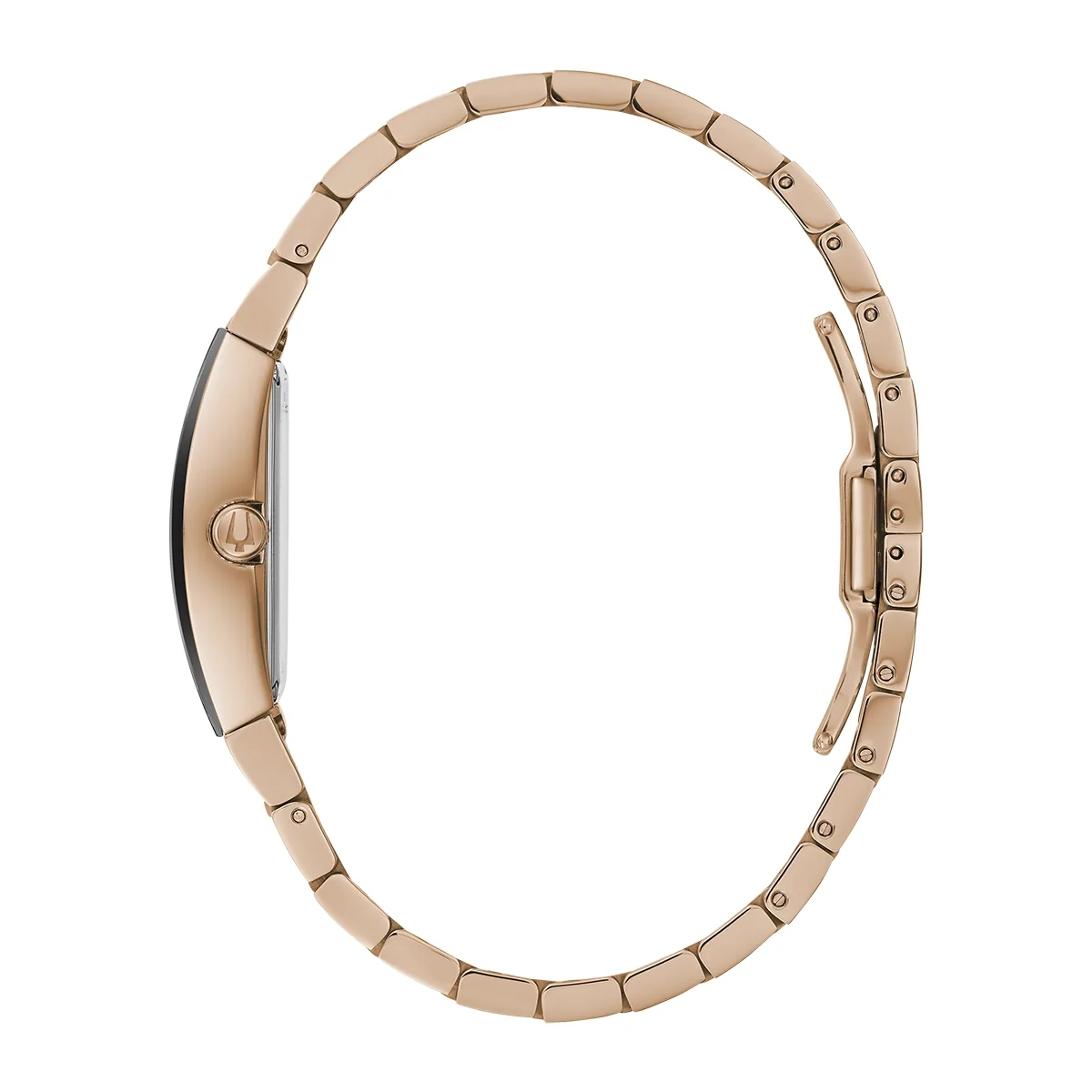 Reloj Bulova análogo, para Dama, tablero cuadrado color negro, estilo puntos, pulso acero color rosa