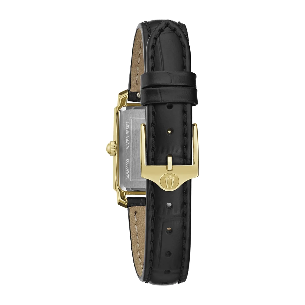 Reloj Bulova análogo, para Dama, tablero rectangular color blanco, estilo index, pulso cuero color negro