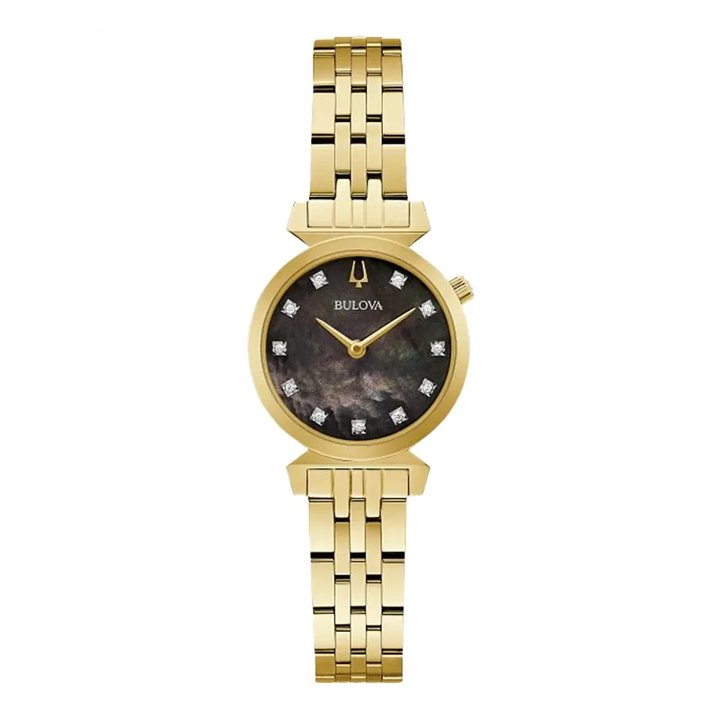 Reloj Bulova analogo, para Dama, tablero redondo color negro, estilo puntos, pulso acero color dorado
