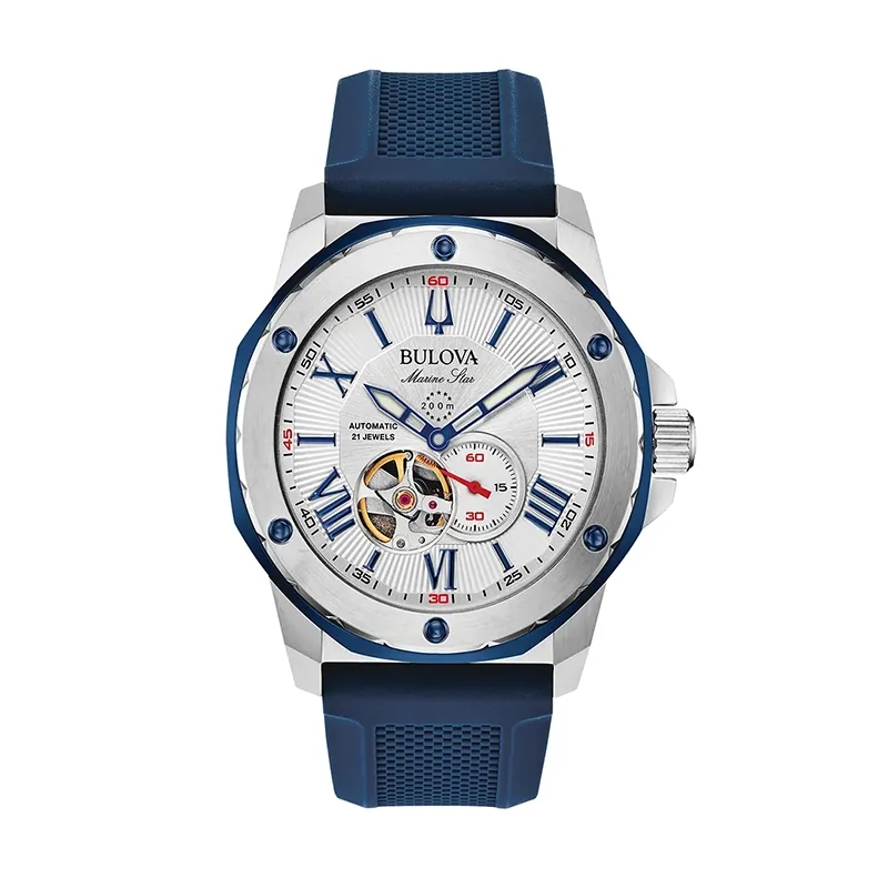Reloj Bulova analogo, para Hombre, tablero redondo colores plateado y azul, estilo index + romano, pulso silicona colores azul y rojo