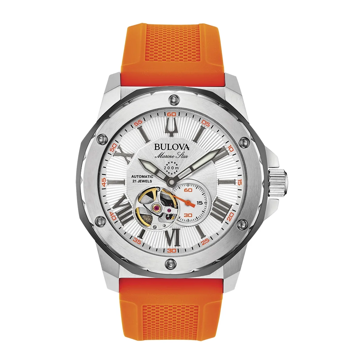 Reloj Bulova análogo, para Hombre, tablero redondo colores plateado y naranja, estilo index + romano, pulso silicona colores naranja y gris