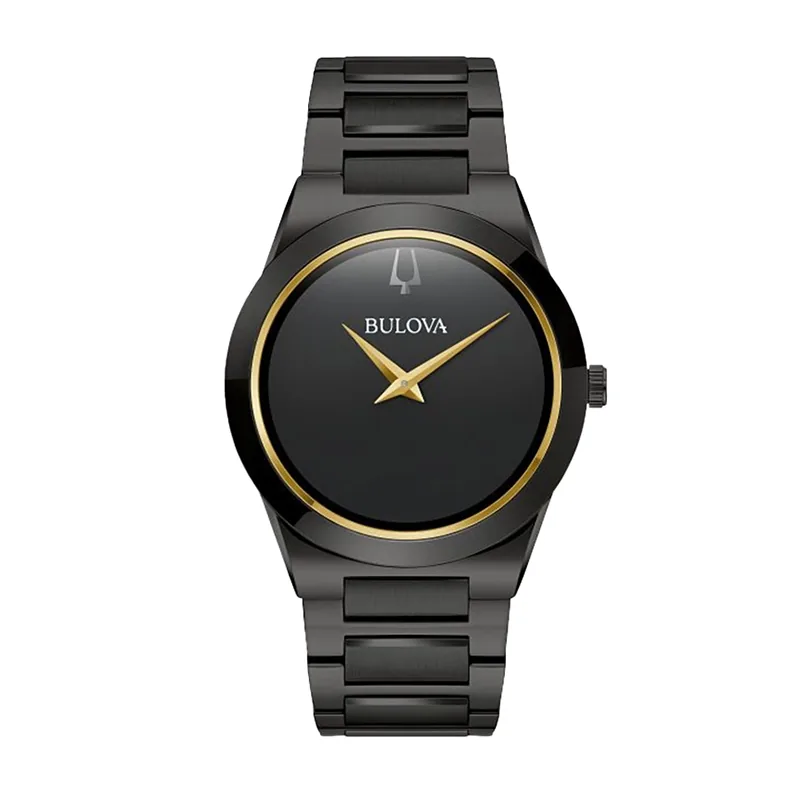 Reloj Bulova análogo, para Hombre, tablero redondo colores negro y dorado, estilo sin números, pulso acero color negro