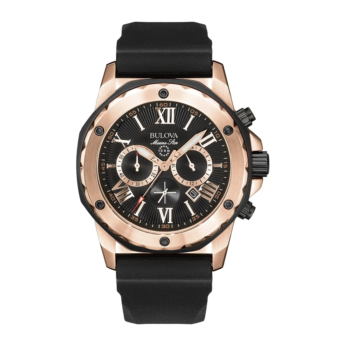 Reloj Bulova analogo, para Hombre, tablero redondo colores negro y rosa, estilo index + romano, pulso silicona color negro, calendario, cronografo