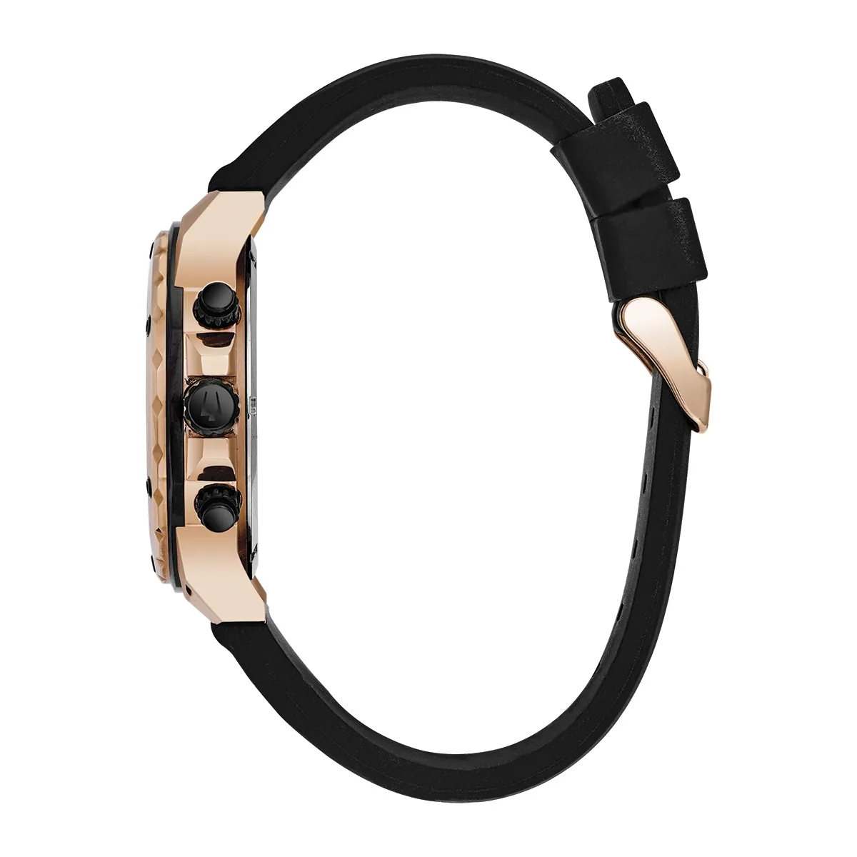 Reloj Bulova analogo, para Hombre, tablero redondo colores negro y rosa, estilo index + romano, pulso silicona color negro, calendario, cronografo