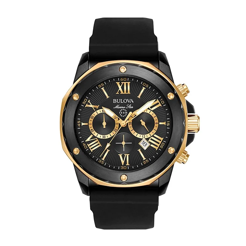 Reloj Bulova análogo, para Hombre, tablero redondo color negro, estilo index + romano, pulso silicona color negro, calendario, cronografo