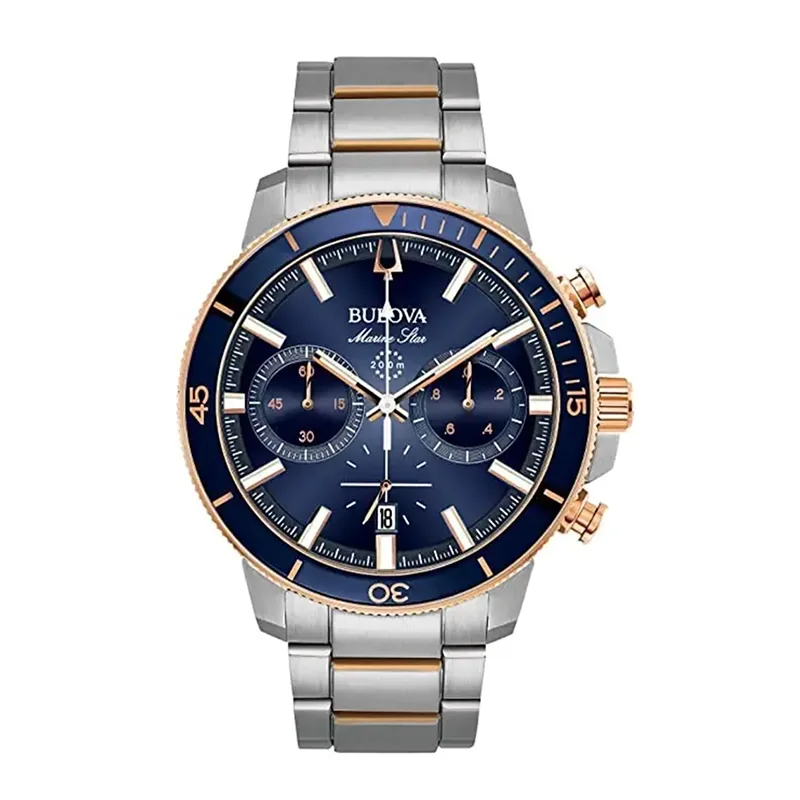Reloj Bulova análogo, para Hombre, tablero redondo colores azul y rosa, estilo index, pulso acero colores plateado y rosa, calendario, cronografo