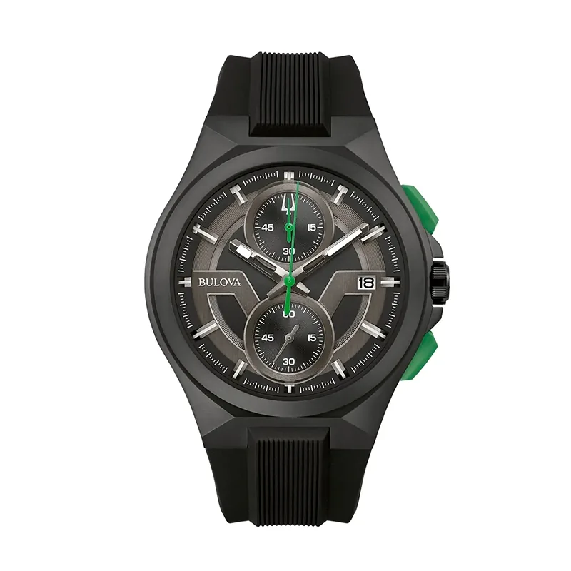 Reloj Bulova analogo, para Hombre, tablero redondo colores negro y verde, estilo index, pulso silicona color negro, calendario, cronografo