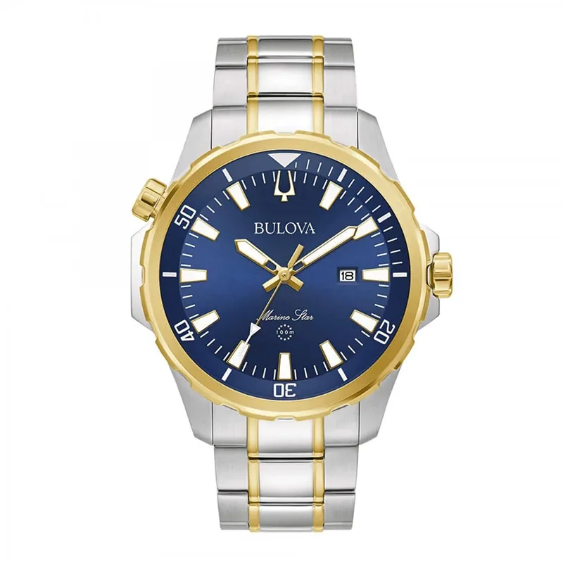 Reloj Bulova análogo, para Hombre, tablero redondo color azul, estilo index, pulso acero colores plateado y dorado, calendario