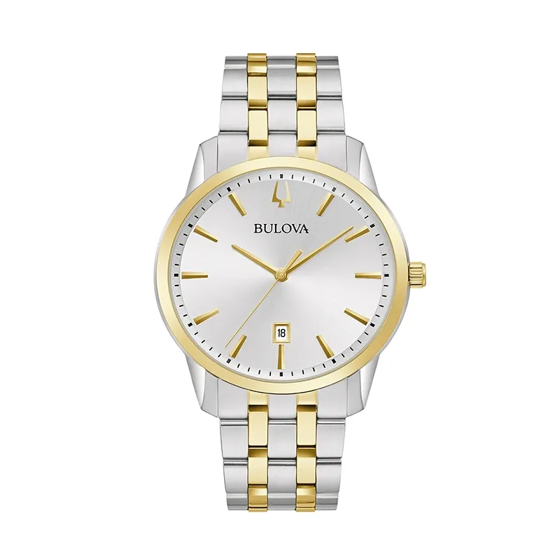 Reloj Bulova análogo, para Hombre, tablero redondo colores plateado y dorado, estilo index, pulso acero colores plateado y dorado, calendario