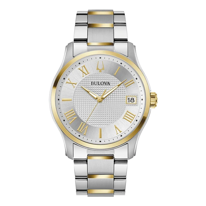 Reloj Bulova analogo, para Hombre, tablero redondo colores plateado y dorado, estilo index + romano, pulso acero colores plateado y dorado, calendario