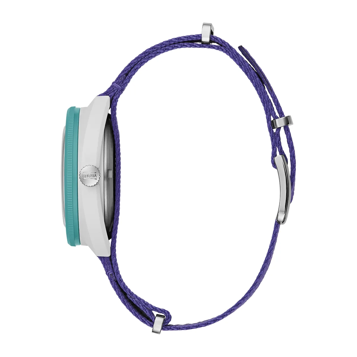 Reloj Bulova análogo, Unisex, tablero redondo color verde, estilo index, pulso lona color morado, calendario