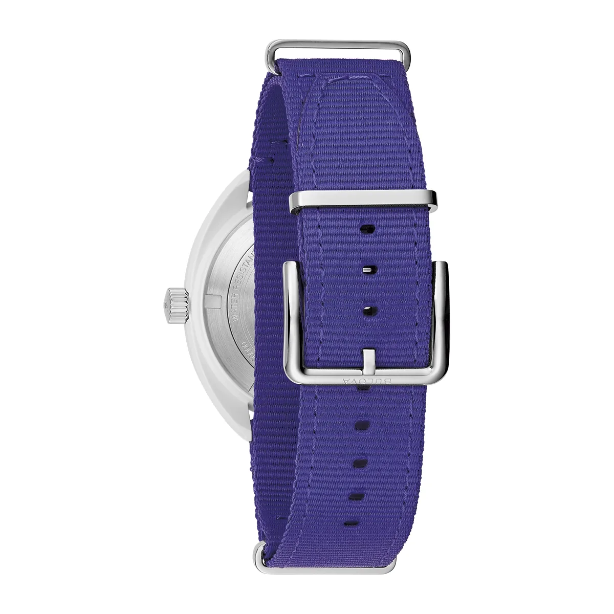 Reloj Bulova análogo, Unisex, tablero redondo color verde, estilo index, pulso lona color morado, calendario