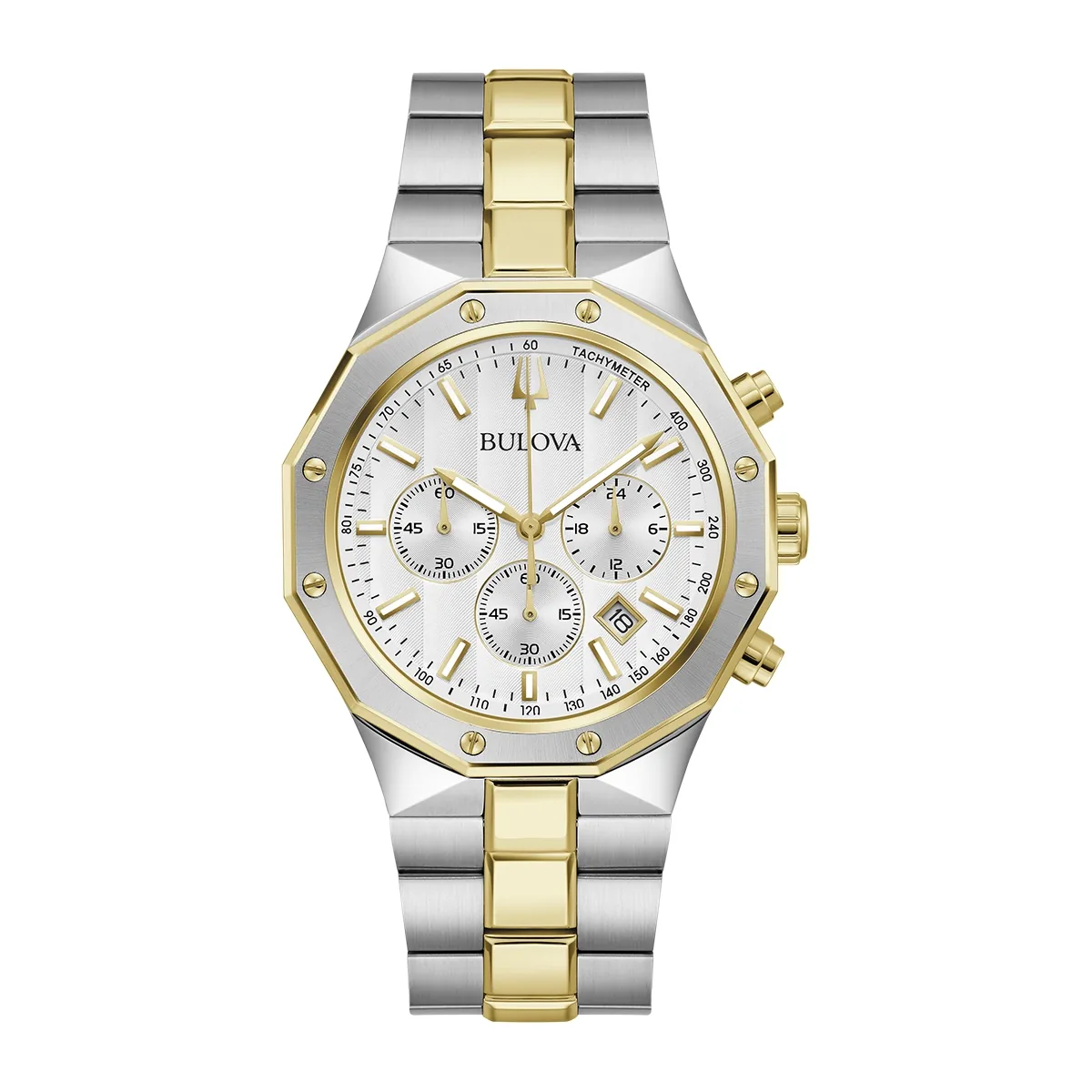 Reloj Bulova análogo, para Hombre, tablero redondo colores blanco y dorado, estilo index, pulso acero colores plateado y dorado, calendario, cronografo