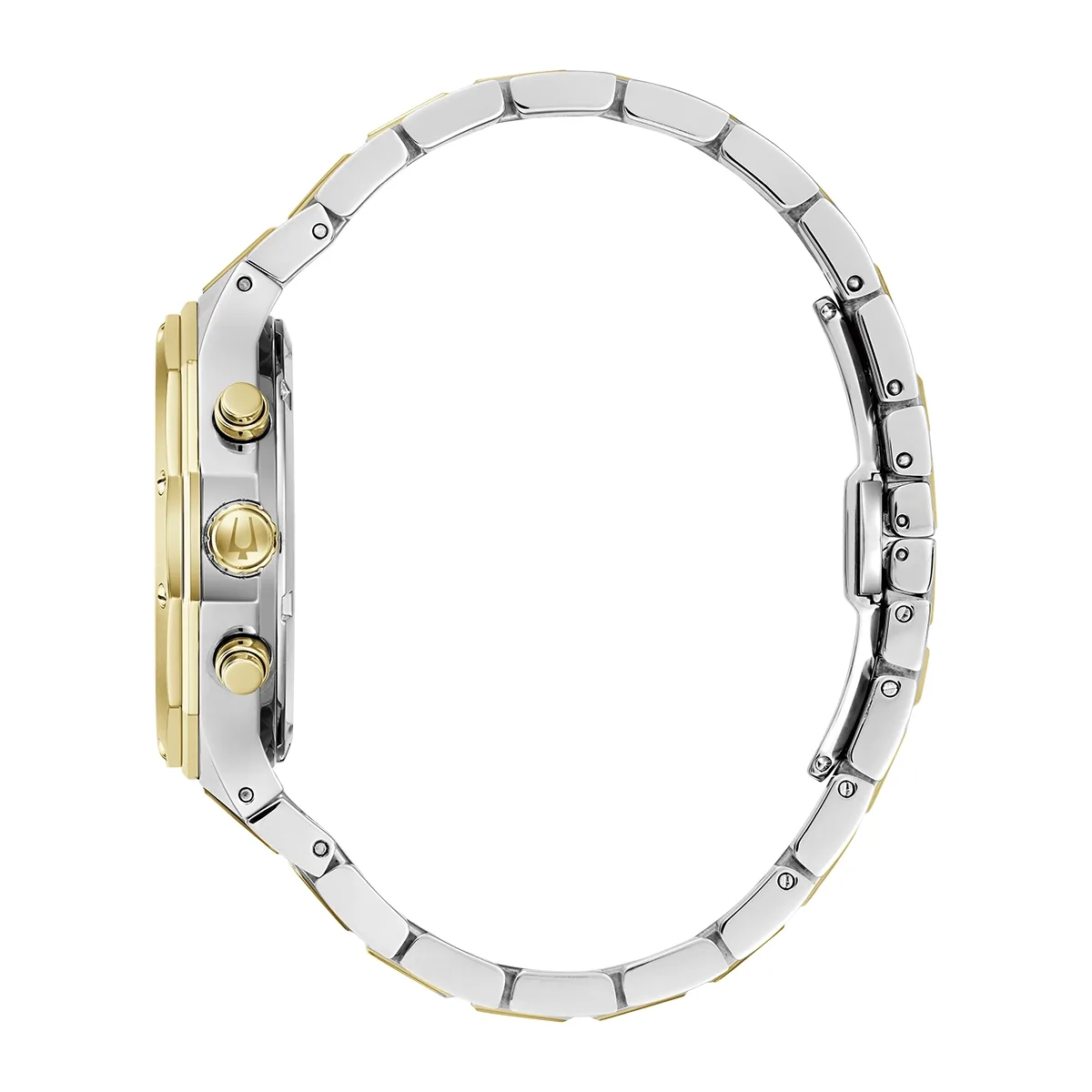 Reloj Bulova análogo, para Hombre, tablero redondo colores blanco y dorado, estilo index, pulso acero colores plateado y dorado, calendario, cronografo