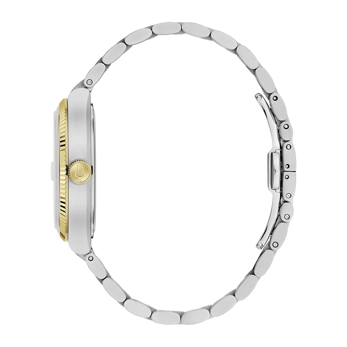 Reloj Bulova análogo, para Hombre, tablero cuadrado color negro, estilo index, pulso acero colores plateado y dorado, calendario