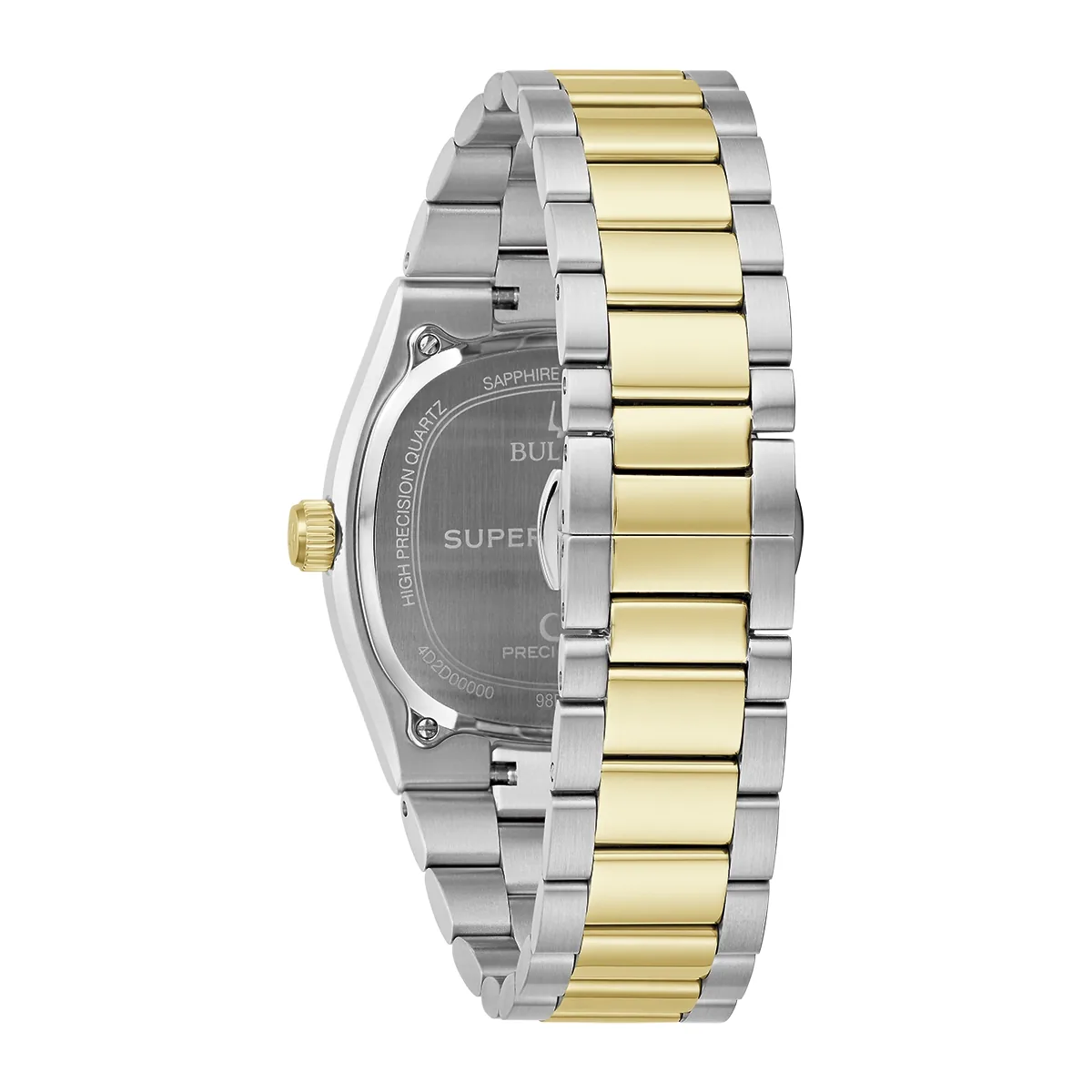 Reloj Bulova análogo, para Hombre, tablero cuadrado color negro, estilo index, pulso acero colores plateado y dorado, calendario