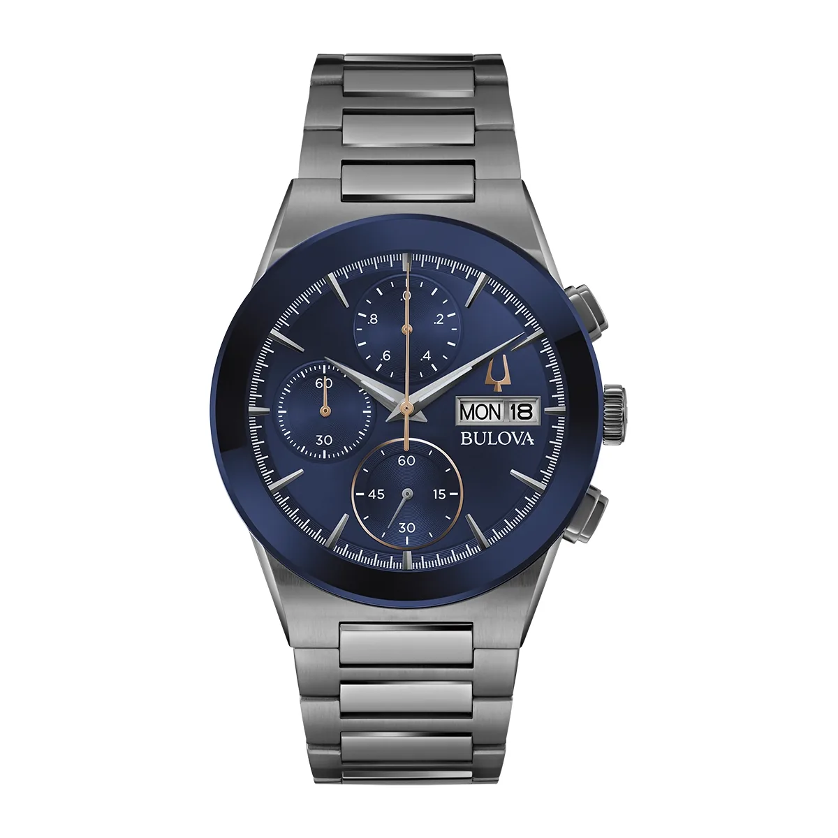Reloj Bulova análogo, para Hombre, tablero redondo color azul, estilo index, pulso acero color gris, calendario, cronografo