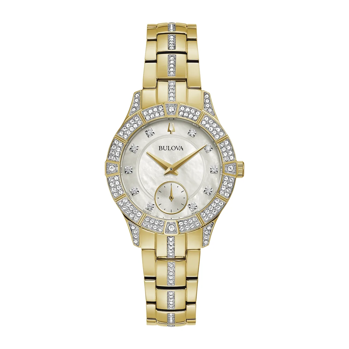 Reloj Bulova análogo, para Dama, tablero redondo color blanco, estilo puntos, pulso acero color dorado