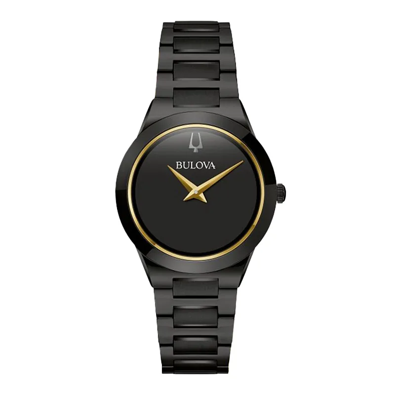 Reloj Bulova análogo, para Dama, tablero redondo colores negro y dorado, estilo sin números, pulso acero color negro