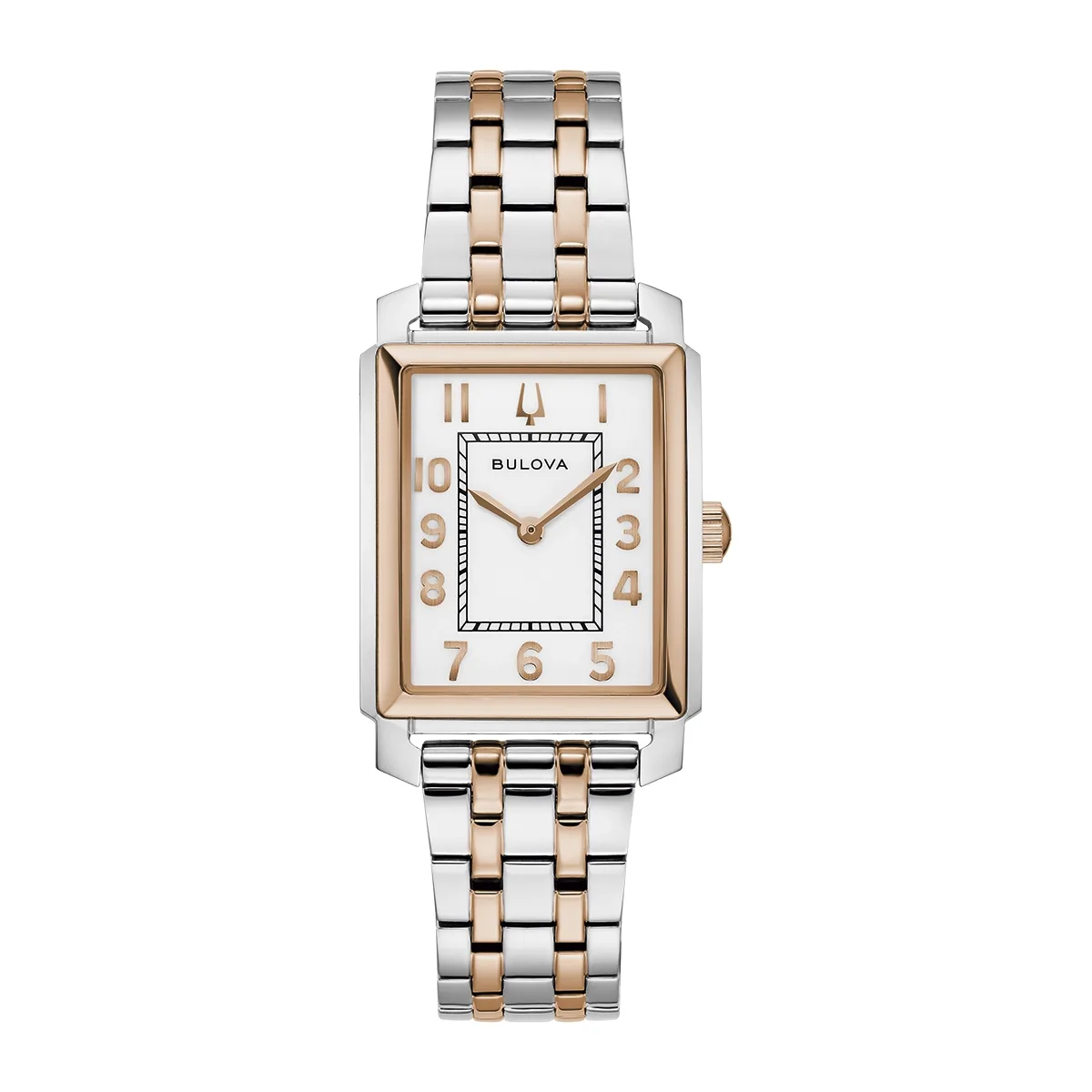 Reloj Bulova análogo, para Dama, tablero rectangular color blanco, estilo arábigos, pulso acero colores plateado y rosa