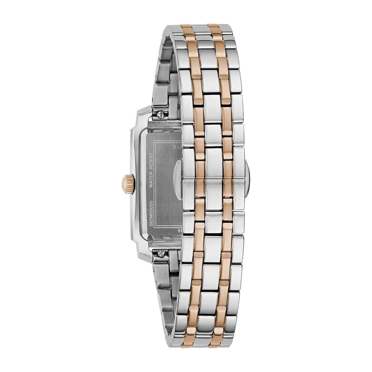 Reloj Bulova análogo, para Dama, tablero rectangular color blanco, estilo arábigos, pulso acero colores plateado y rosa