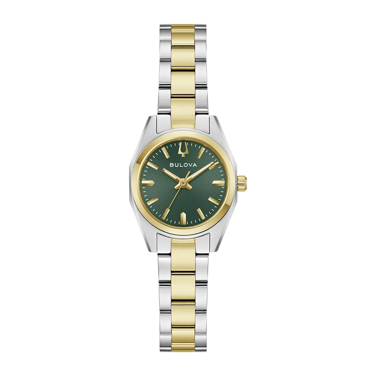Reloj Bulova análogo, para Dama, tablero redondo colores verde y dorado, estilo index, pulso acero colores plateado y dorado