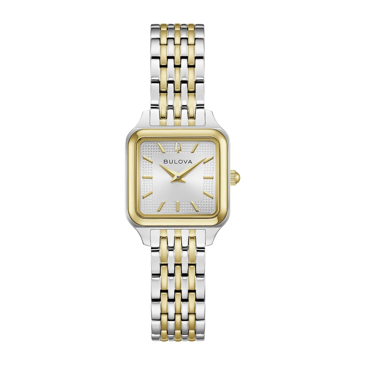 Reloj Bulova análogo, para Dama, tablero cuadrado colores plateado y dorado, estilo index, pulso acero colores plateado y dorado